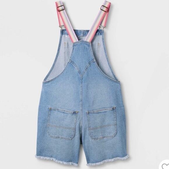 PRIDE Denim Shortalls Overalls Light Wash Rainbow Straps - Picture 2 of 3